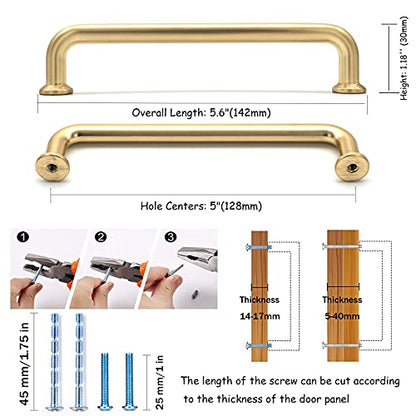 10 Pack Hole Center 5''(128mm) Brushed Brass Kitchen Cabinet Pulls.Zinc Alloy Solid Round Cabinet Handle Drawer Pull Modern Hardware for Bar