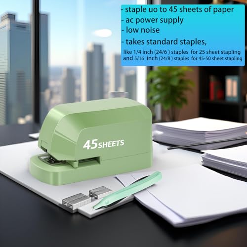 Electric Stapler for Desk, 45 Sheet Capacity Automatic Stapler Desktop, Office Staplers Electric, AC Operated Staplers Heavy Duty Office Use with 1,000 Staples & Staple Remover, Saga Green - color: Saga Green