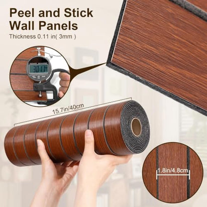 Yun-aeon Peel and Stick Slat Wall Panel 15.75"X118" PVC Self-Adhesive Thick Medium Walnut Wood Grain Wallpaper Panel 3D Soundproof Wall Panels for Walls - color: Walnut 15.7*118in