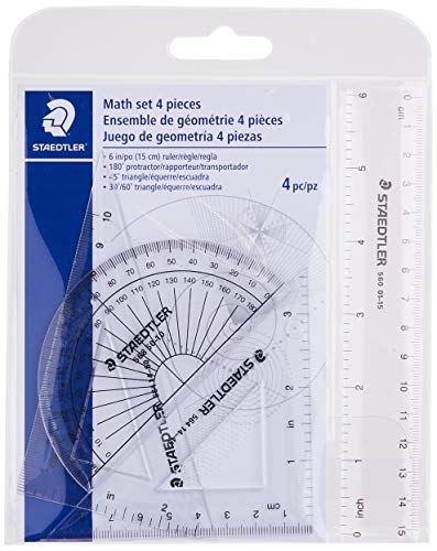 STAEDTLER Math Set - 4 pc Geometry Kit for Students - School Supplies with Clear Protractor, 6in Ruler & 2 Triangles – Metric & Imperial Scales - size: 4 Piece Set