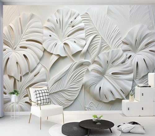 Modern 3D White Monstera Leaf Textured Wallpaper Peel and Stick - color: No.35, size: 80" x 61"
