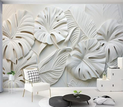 Modern 3D White Monstera Leaf Textured Wallpaper Peel and Stick - color: No.35, size: 80" x 61"