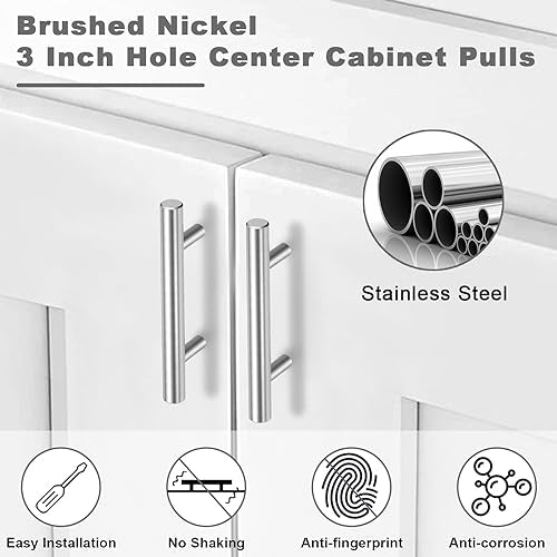 Estmoon 30 Pack Brushed Nickel Cabinet Handles 3 Inch Hole Center Drawer Pulls Stainless Steel Cabinet Pulls Silver Kitchen Handles Cabinet Hardware for Drawers, Cupboards - 5" Length, 3" Hole Center - color: Brushed Nickel