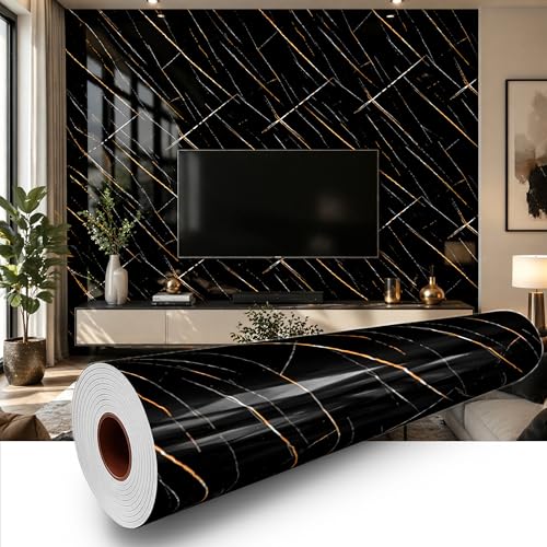 Black Gold Marble Peel and Stick Wallpaper, 23.6 x 394 in - color: Black Gold Marble, size: 23.6" x 394"