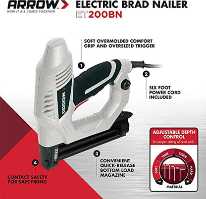Arrow ET200BN Heavy Duty Electric Brad Nailer, Professional Nail Gun for Trim, Picture Frames, Crafts, Fencing, Uses Brad Nails in 5/8", 3/4", and 1"