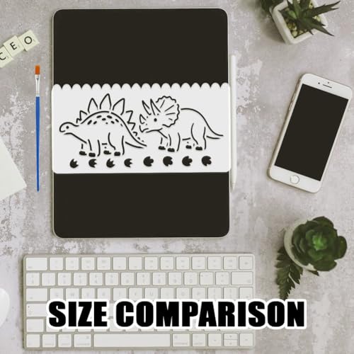 FINGERINSPIRE 8PCS Cute Dinosaur Painting Stencil with Paint Brush 4.7x9.4inch Dinosaur Silhouette Drawing Template Egg Paw Print Plant Volcano Stencil Animal Theme Template for Floor Decoration - style: Cute Dinosaur