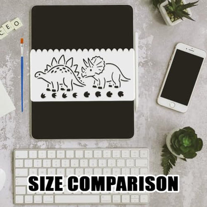 FINGERINSPIRE 8PCS Cute Dinosaur Painting Stencil with Paint Brush 4.7x9.4inch Dinosaur Silhouette Drawing Template Egg Paw Print Plant Volcano Stencil Animal Theme Template for Floor Decoration - style: Cute Dinosaur