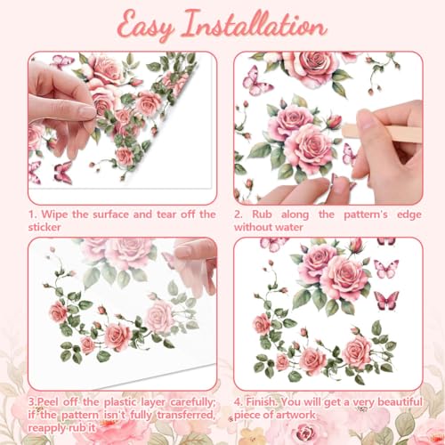 Peacoblue Pink Rose Vine Rub On Transfers for Furniture Craft 6"x12" - style: Pink Rose Vine