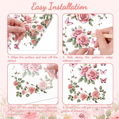 Peacoblue Pink Rose Vine Rub On Transfers for Furniture Craft 6"x12" - style: Pink Rose Vine