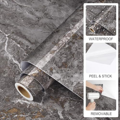 ReWallpaper Marble Wallpaper Peel and Stick Dark Gray Marble Contact Paper - color: Dark Gray Marble, size: 15.8in X 23ft