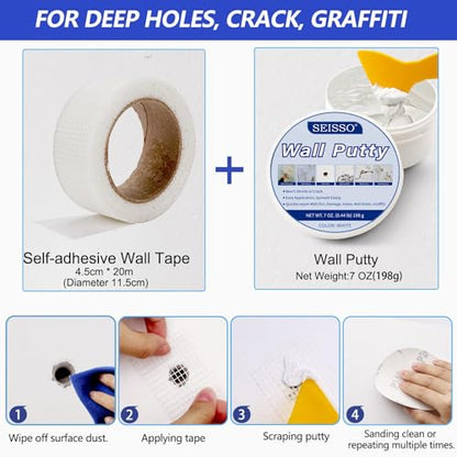 SEISSO Drywall Repair Kit, White- Wall Mending Agent 250 g* 2, Wall Repair Paste Plaster, 1 Pack Wall Putty, Repair Tape and Wall Repair Patch with 2inch 4inch, Quick Fill Crack and Nail Hole - style: 2pcs paste + putty