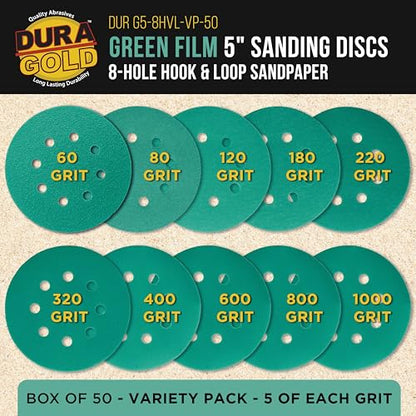 Dura-Gold 5" Green Film Sanding Discs, 10 Grit Assortment, 8-Hole Box of 50 - style: Variety Pack