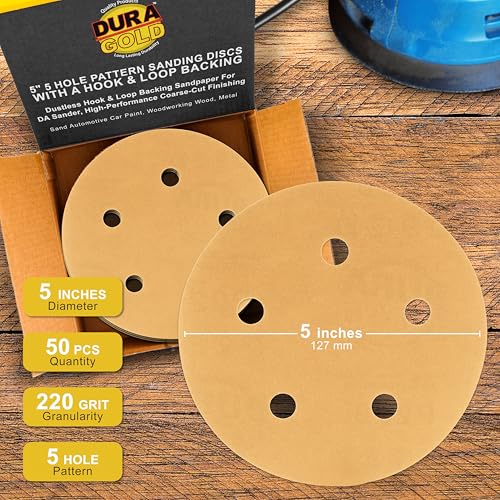 Dura-Gold 5" Gold Sanding Discs, 220 Grit, Box of 50, 5 Hole Pattern, H & L - size: 220 Grit