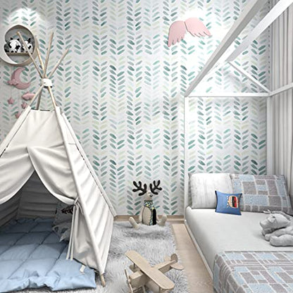 Sevalo Green White Peel and Stick Wallpaper Boho Contact Paper 17.3”×393” - color: green and white, size: 17.3" x 393"