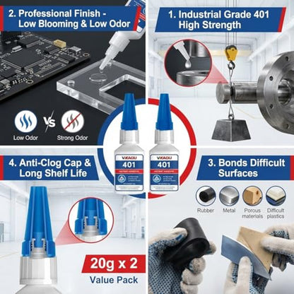 401 Super Glue Instant Adhesive Clear 20g for Plastic Wood Metal Rubber Leather 2 Pack - size: 401, style: 2 Pack