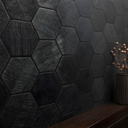Black 3D Hexagon Peel and Stick Self Adhesive Removable Contact Wallpaper - color: Black, size: 15.7" x 118"