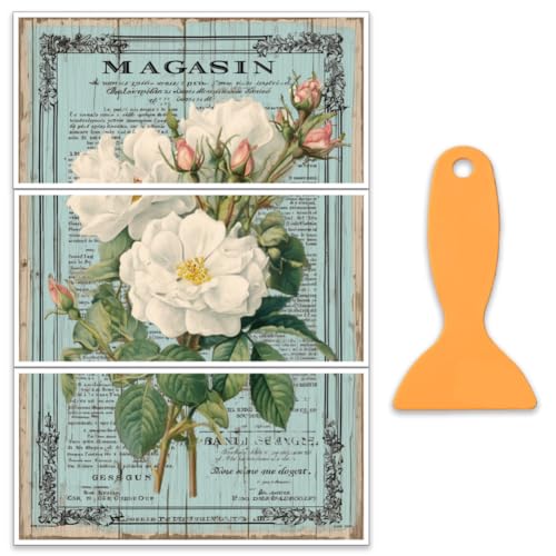 OLYCRAFT 3 Sheets/Set White Rose Rub on Transfers for Furniture and Crafts 12x6 Inch Rub on Decals Vintage Flower Transfers Self-Stick Furniture Transfer with Scraper for Dressers Cabinets Glass - style: White Roses
