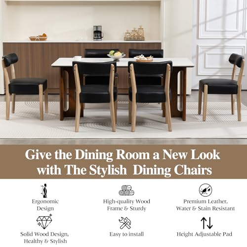 ZJhome Modern Dining Chairs Set of 6 – Mid-Century Modern Faux Leather Upholstered Kitchen & Dining Room Chairs with Curved Back, Oversized Rounded Seat, Sturdy Wood Frame, Black - color: Black Leather, size: Set of 6
