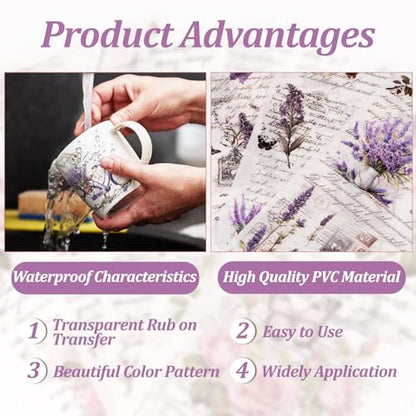 WANDIC Retro Rub On Transfer Stickers, 6 Sheets Lavender Decals Purple Flower Stickers Waterproof Decals Flower Stickers with Copywriting for Greeting Cards,12 * 6in - color: Purple Flower, size: 6 Sheets