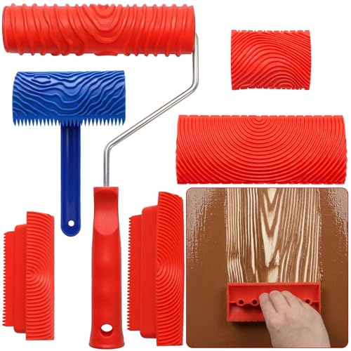 DEAYOU 6 PCS Wood Grain Tool Set, 7" Fake Wood Graining Roller, Soft Rubber Wood Textured Pattern Paint Tool with Handle for Wall Floor Furniture Art Painting DIY Room Decoration