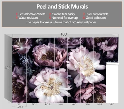 Peel and Stick Purple Peony Floral Wallpaper Black Flower wall Mural - color: M03, size: 183"x120"