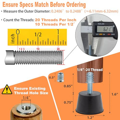 NEWBYTEK Adjustable 1/4" Rubber Threaded Furniture Levelers - 8 Pack - size: 1/4-20 Thread, 8 Pack