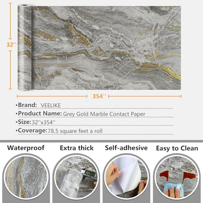 VEELIKE 32''x354'' Wide Matte Grey Gold Liquid Marble Countertop Contact Paper Waterproof Kitchen Countertop Peel and Stick Marble Wallpaper Peel and Stick Countertop Vinyl for Bathroom Table Walls - size: 32" x 354"