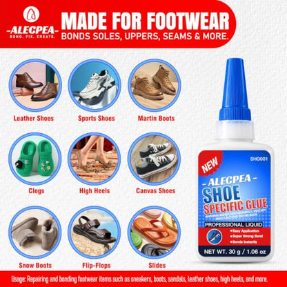ALECPEA Shoe Glue for Sole Repair, Thin Clear Adhesive, 30g with 3 Tips - color: Shoe Glue