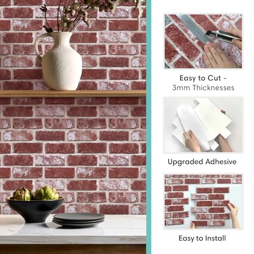 Commomy Faux Brick Wall Panels Peel and Stick Thin PVC 10 Pcs 11.8" x 11.8" - color: Brick-hqC