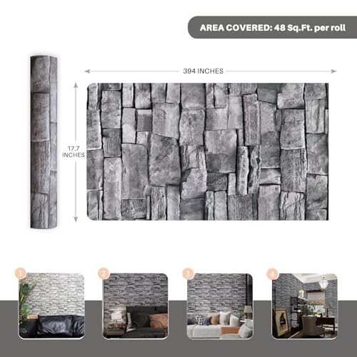 Grey Brick Wallpaper Peel and Stick 17.7"x 394" Newly Upgraded and Thickened Faux 3D Stone Wallpaper for Bathroom, Bedroom, Kitchen, Living Room - size: 17.7" x 393"