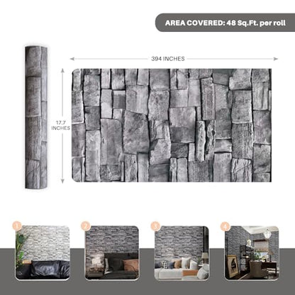 Grey Brick Wallpaper Peel and Stick 17.7"x 394" Newly Upgraded and Thickened Faux 3D Stone Wallpaper for Bathroom, Bedroom, Kitchen, Living Room - size: 17.7" x 393"