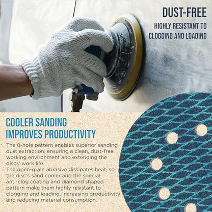 ProductionShop Premium 400 Grit 5" Rhombus Diamond Shape Blue Sanding Discs, 8-Hole, Box of 50 - Hook & Loop Anti-Clogging J-Cloth Dustless Sandpaper for Random Orbital Sanders, Sand Auto Paint, Wood - style: 400 Grit