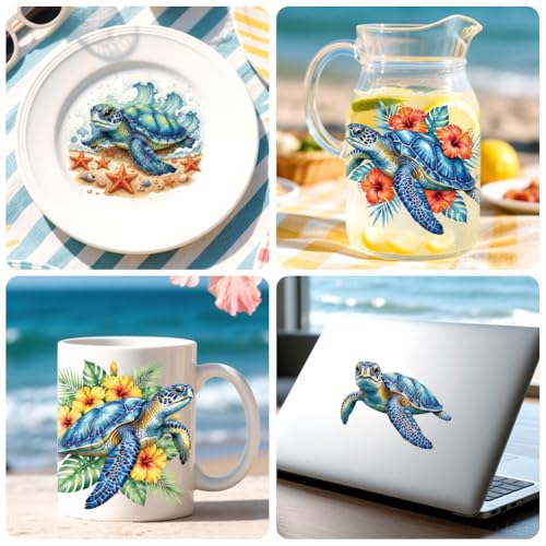 Peacoblue Sea Turtle with Coral Rub On Transfers Sticker for Craft - style: Blue Sea Turtle with Coral Flowers