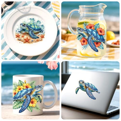 Peacoblue Sea Turtle with Coral Rub On Transfers Sticker for Craft - style: Blue Sea Turtle with Coral Flowers