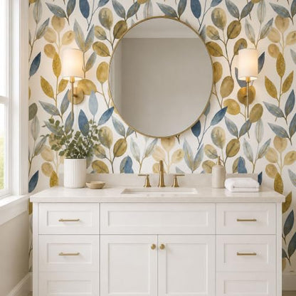 Blue and Gold Leaf Peel and Stick Wallpaper 17.7" x 70.8" - color: Blue/Gold, size: 17.7" x 70.8"