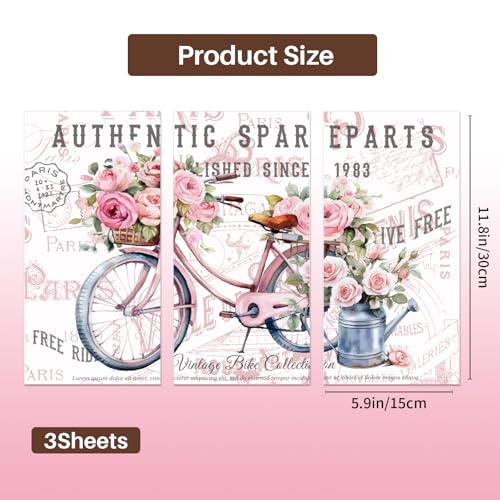 PLIGREAT 3 Sheets Flower Bicyle Rub on Transfer Stickers for Crafts Waterproof UV Pink Floral Rub on Decals for Furniture Cabinet Dressers Ceramic Scrapbooking Transfer Paper, 6"x12" - style: Flower Bicyle