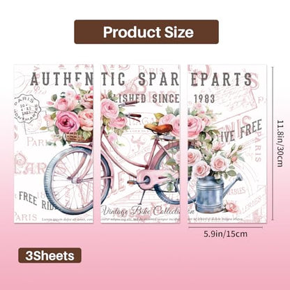 PLIGREAT 3 Sheets Flower Bicyle Rub on Transfer Stickers for Crafts Waterproof UV Pink Floral Rub on Decals for Furniture Cabinet Dressers Ceramic Scrapbooking Transfer Paper, 6"x12" - style: Flower Bicyle