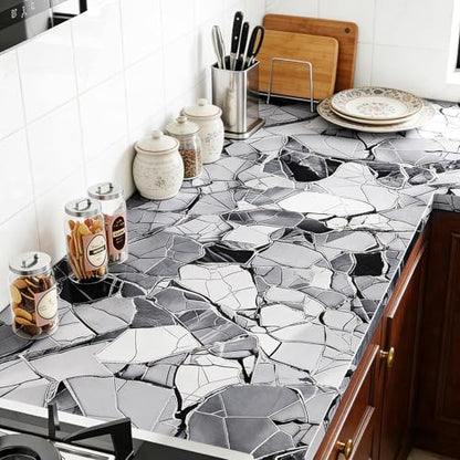 FunStick White Black Grey Marble Contact Paper for Countertops Stone Kitchen Countertop Contact Paper Peel and Stick Countertops Waterproof Removable Marble Wallpaper for Bathroom Walls Counter Tops - size: 12" x 200"