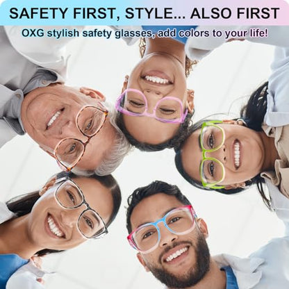 OXG 4 Pack Safety Glasses Anti Fog Goggles, Blue Light Blocking Stylish Safety Glasses for Women Nurses Protective Eyewear - color: Leopard+rainbow+clear+purple