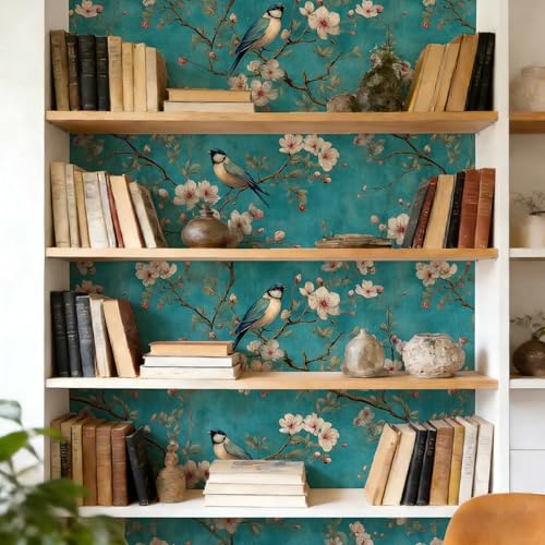 Bird Floral Peel and Stick Wallpaper, Teal Chinoiserie Botanical Wallpaper - color: ML-M091, size: 17.7" x 118"