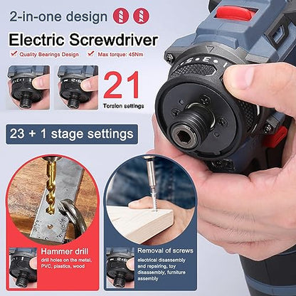 Dioche Electric Screwdriver 16.8V Multi Function Brushless Cordless Impact Screwdriver (2pcs Batteries US Plug)