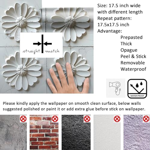Livelynine 3D White Floral Peel and Stick Wallpaper for Kitchen Backsplash Wallpaper Self Adhesive Bathroom Wall Tile Contact Paper Waterproof Removable Ceiling DIY Accent Covering Panels 17.5x78.8 - size: 17.5" x 78.8"