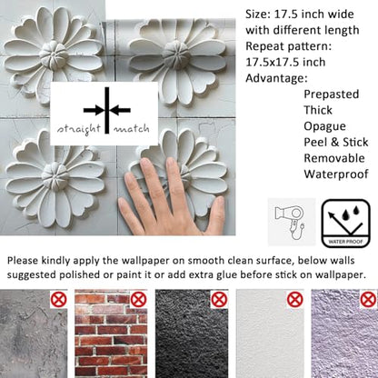 Livelynine 17.5x276 White 3D Peel and Stick Wallpaper Tiles Wall Covering Panels for Kitchen Basement Removable Modern White Bathroom Ceiling Wallpaper Waterproof 3D Floral Contact Paper for Walls - size: 17.5" x 276"