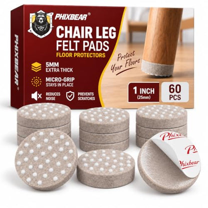 PHIXBEAR 60Pcs Chair Leg Floor Protectors with Silicone Dots, 1" Felt Pads