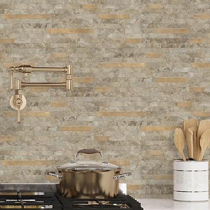 STICKGOO 20 Sheets Peel and Stick Backsplash Tile, Stick on Backsplash for Kitchen and Bathroom, Stone Beige Marble Look PVC Mixed Metal Gold Self Adhesive Wall Tiles - color: Stone Beige + Metal Gold
