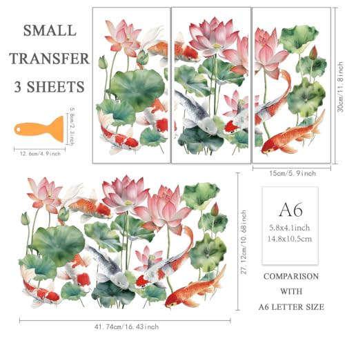 OLYCRAFT 3pcs/Set Koi Pond Rub on Transfers for Furniture and Crafts 6x12 Inch Lotus Furniture Decals Furnitures Transfer Stickers with 1pc Scraper Rub on Decals for Home Decor Scrapbooking - style: Koi