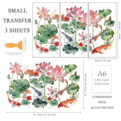 OLYCRAFT 3pcs/Set Koi Pond Rub on Transfers for Furniture and Crafts 6x12 Inch Lotus Furniture Decals Furnitures Transfer Stickers with 1pc Scraper Rub on Decals for Home Decor Scrapbooking - style: Koi