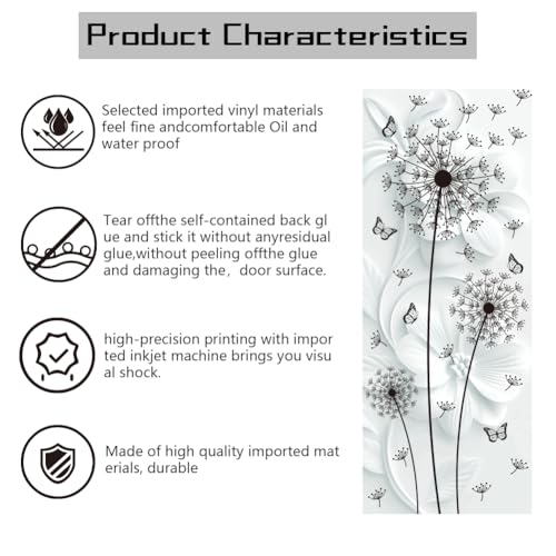 arricraft 2 Sheets Black Dandelions Self-Adhesive Door Sticker, 31.5x78.7inch Flower Butterflies Door Murals Stickers PVC Removable Wallpaper Decoration for Bedrooms Living Room - style: Dandelions