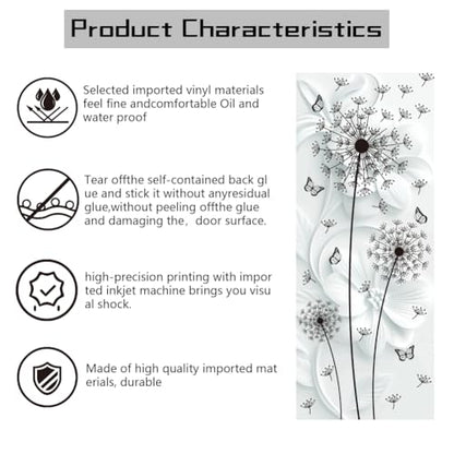 arricraft 2 Sheets Black Dandelions Self-Adhesive Door Sticker, 31.5x78.7inch Flower Butterflies Door Murals Stickers PVC Removable Wallpaper Decoration for Bedrooms Living Room - style: Dandelions