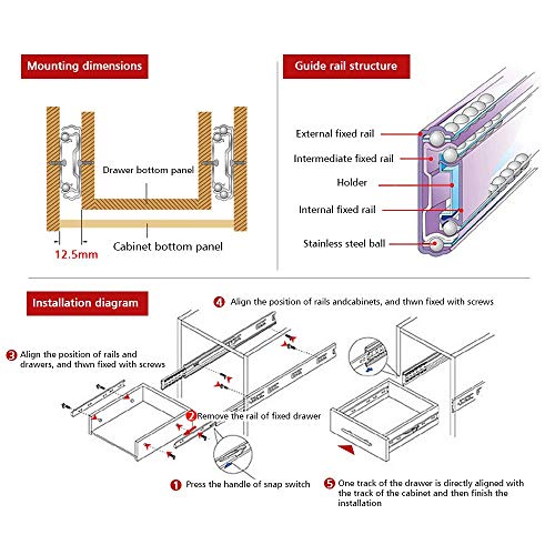 A Pair of Black Metal Quiet Ball Bearing Full Extension 2 Section Drawer Slide, Side Mount (32.5cm/13 Inch) - size: 32.5cm/13 Inch